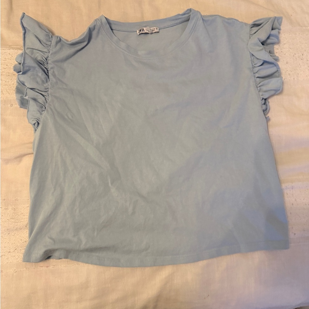 Zara Sky Blue Ruffle Sleeve Tee